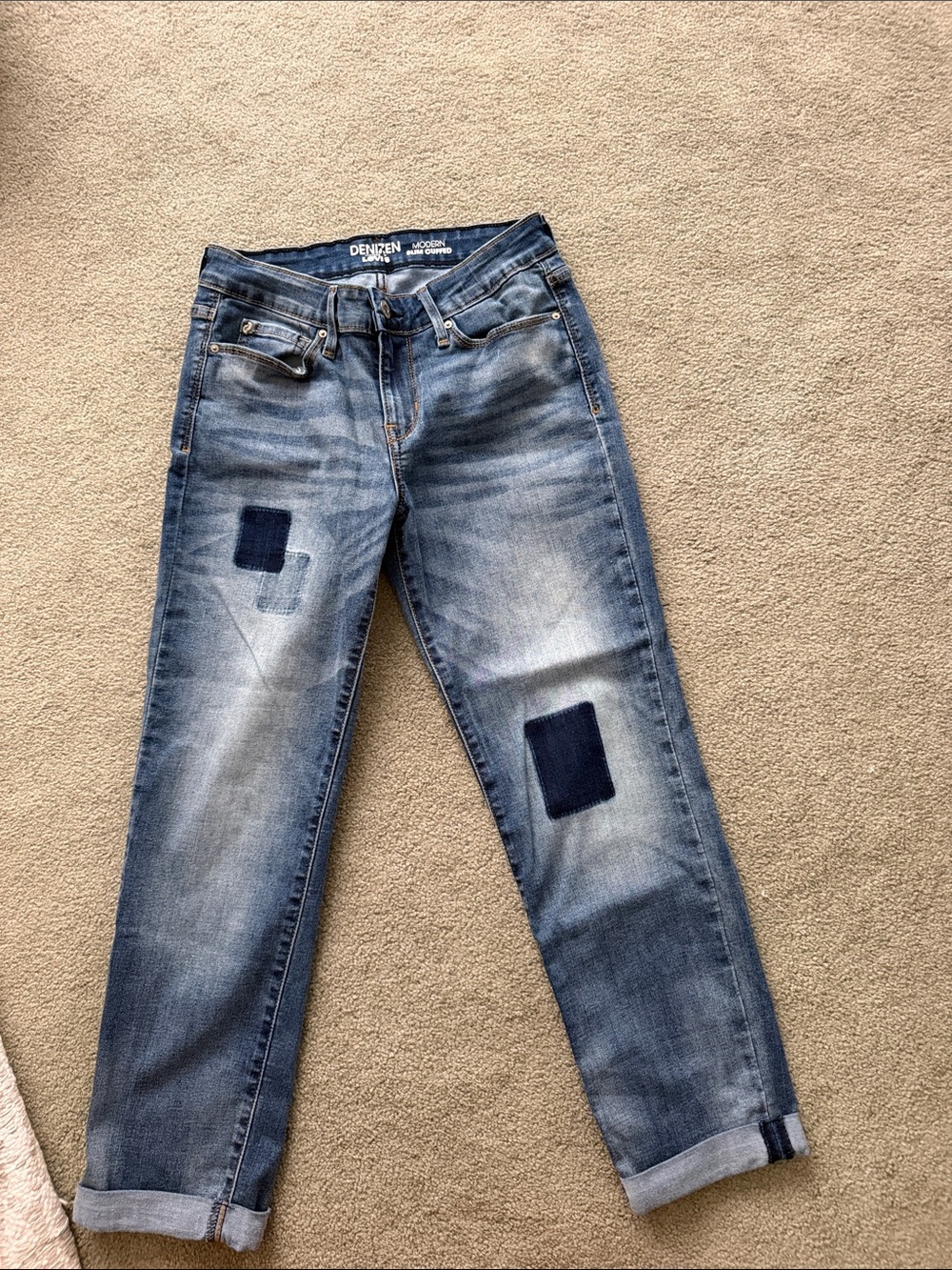 Denizen from Levi's Light Blue Distressed Boyfriend Jeans with Dark Patchwork